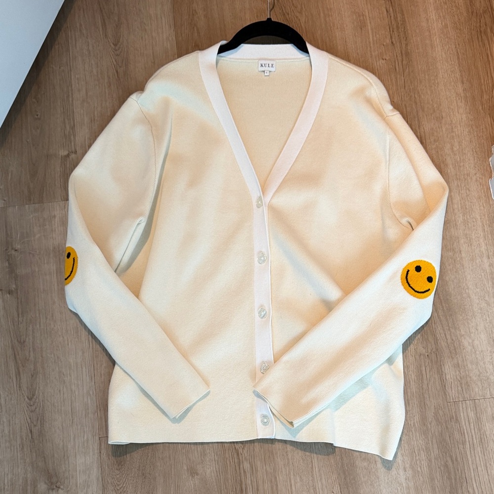 KULE Cream Cardigan with Yellow Smiley Elbow Patches